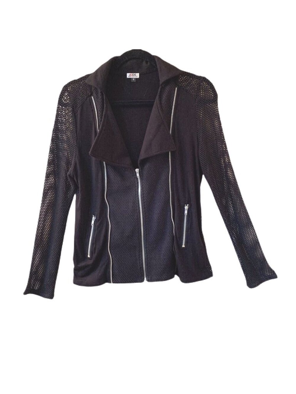 JuDe Black Mesh Long Sleeve Jacket Silver Double Zipper Small USA Pockets Moto